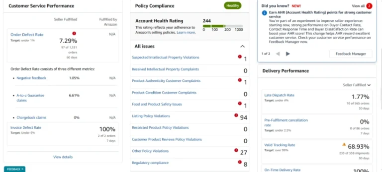 Amazon seller account showing multiple policy violations