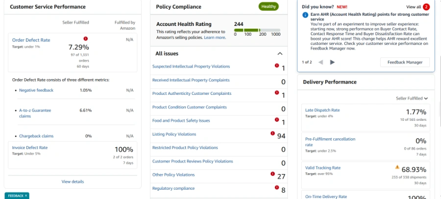 Amazon seller account showing multiple policy violations