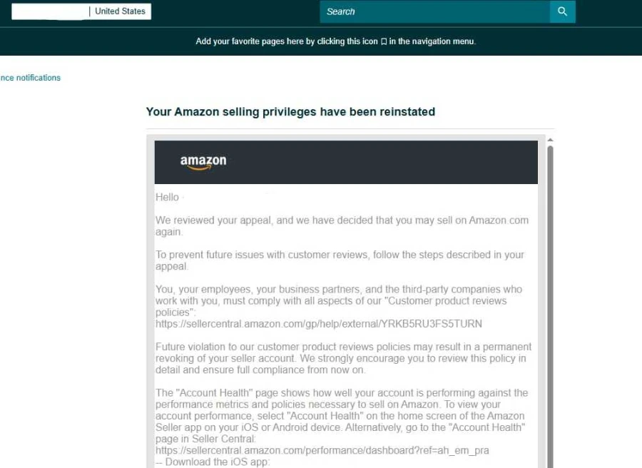 Amazon Seller Central account review notice