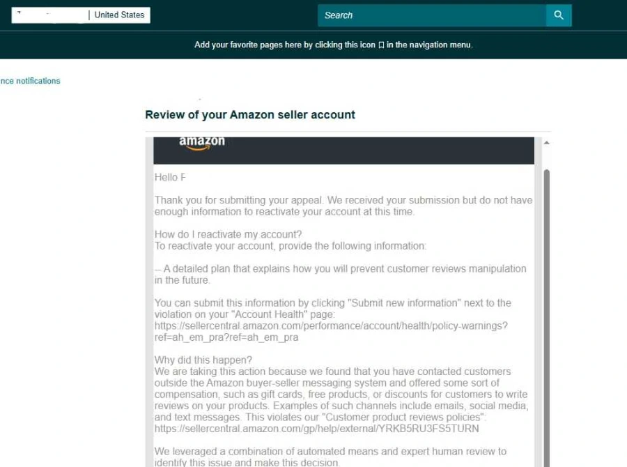 Amazon Seller Central account reinstated notice