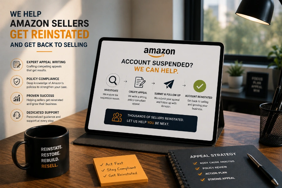 Amazon account reinstatement in progress on a laptop