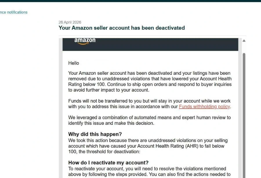 Amazon Seller Central account reactivated notice