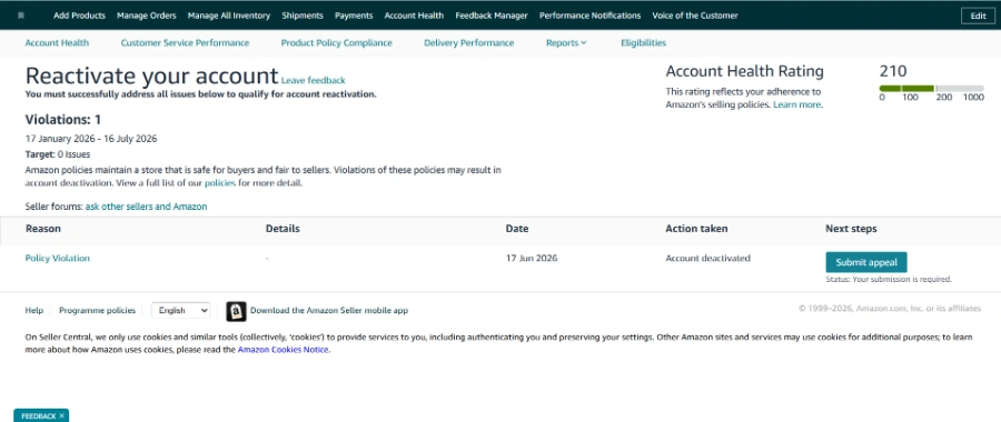 Amazon Seller Central Section 3 deactivation notice