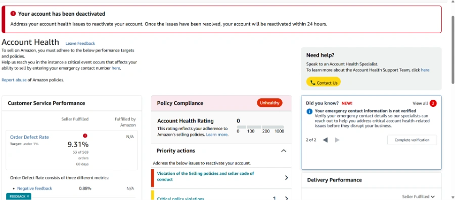 Amazon seller account deactivated due to low Account Health Rating