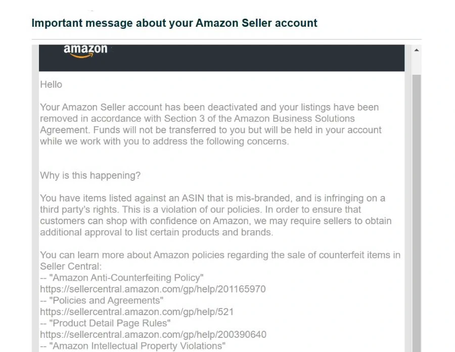 Amazon Seller Central misbranding suspension notice