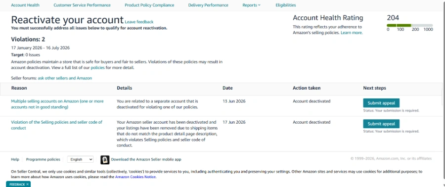 Amazon account deactivated for multiple policy reasons