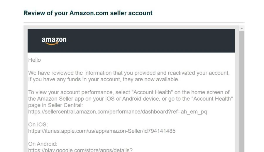 Amazon Seller Central account reinstated after linked account review